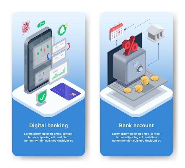 Vector banderas bancarias digitales isométricas