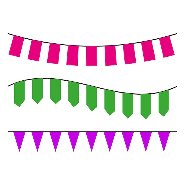 Banderas de banderas coloridas, guirnaldas rosas, verdes y púrpuras, decoraciones festivas para fiestas, ilustraciones vectoriales.