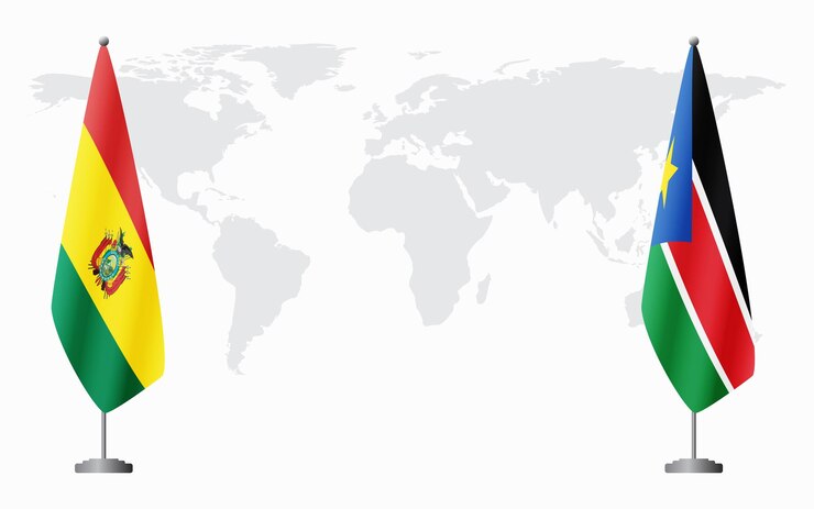 Banderas de Bolivia y Sudán del Sur para la reunión oficial