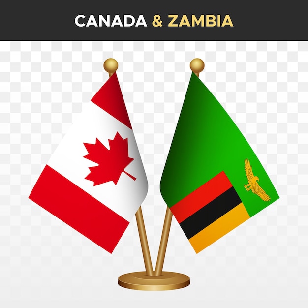 Banderas de Canadá contra Zambia Bandera de escritorio de pie canadiense en 3D aislada en blanco