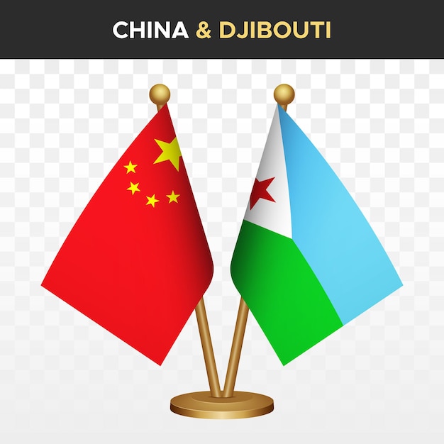 Banderas de China contra Djibouti Bandera de escritorio de pie en 3D china aislada en blanco