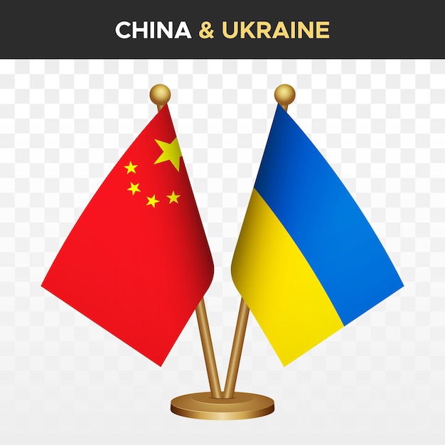 Banderas de China contra Ucrania Bandera de escritorio de pie en 3D china aislada en blanco