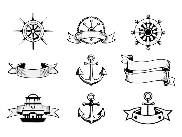 Banderas de cinta con temas piratas o náuticos Eps vectoriales