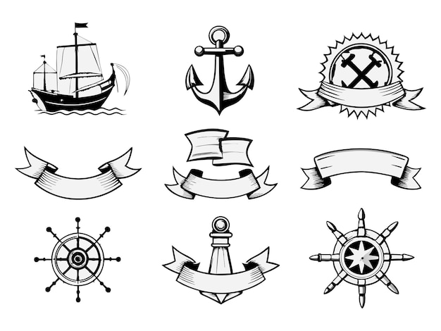 Banderas de cinta con temas piratas o náuticos Eps vectoriales