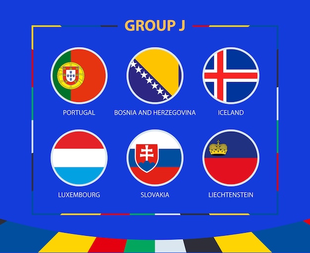 Vector banderas circulares del grupo j participantes del torneo de fútbol europeo clasificatorio 2024