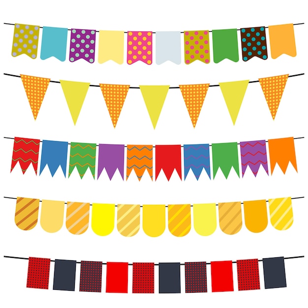 Banderas de colores y guirnaldas de banderines para decoración. Elementos de decoración con varios patrones. Ilustración vectorial