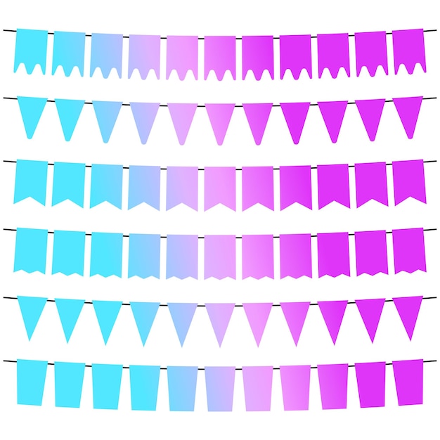 Banderas de colores y guirnaldas de banderines para decoración. Elementos de decoración con varios patrones. Ilustración vectorial