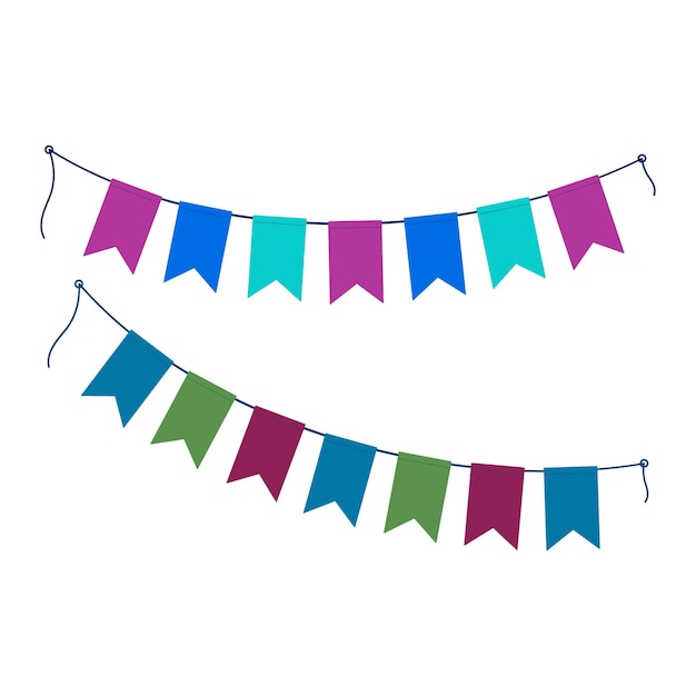 Banderas coloridas guirnaldas en cuerda en tonos brillantes de moda conjunto de saludos elementos de diseño idea