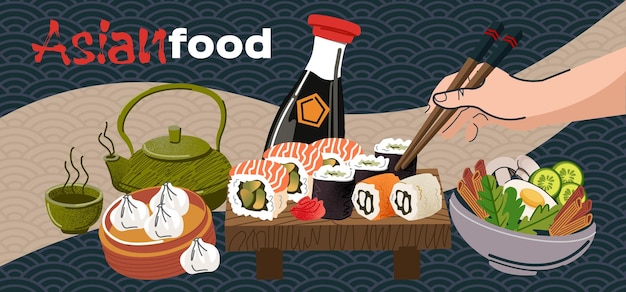 Banderas de comida asiática cena china reunión de salmón japonés sushi albóndigas olla caliente delicioso banquete feliz reunión mano con palillos de comer comida de celebración linda fondo de anuncio vectorial