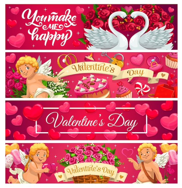 Banderas del día de San Valentín de amor, regalos navideños, corazones y Cupidos.