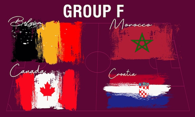 banderas de los equipos participantes del grupo F, banderas pintadas con pinceladas. Banderas de los equipos participantes