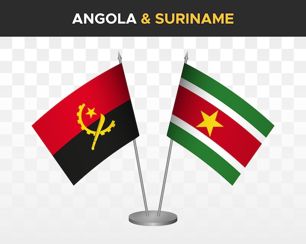 Banderas de escritorio de Angola vs surinam maqueta aisladas banderas de mesa de ilustración de vector 3d