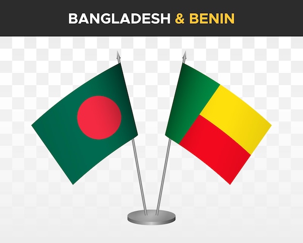 Banderas de escritorio de Bangladesh vs benin maqueta aisladas banderas de mesa de ilustración de vector 3d