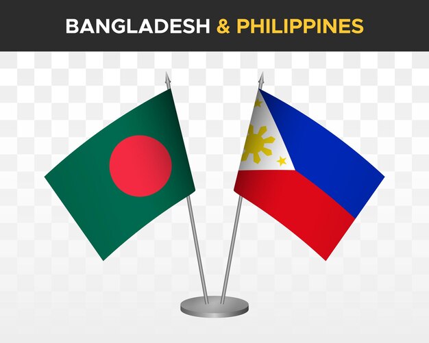 Banderas de escritorio de Bangladesh vs Filipinas maqueta aisladas banderas de mesa de ilustración de vector 3d