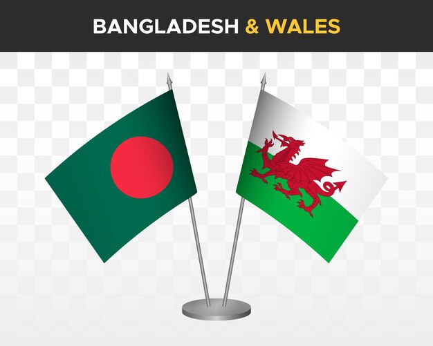 Banderas de escritorio de Bangladesh vs Gales maqueta aisladas banderas de mesa de ilustración de vector 3d