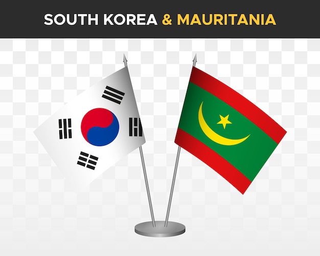 Banderas de escritorio de corea del sur vs mauritania maqueta aisladas banderas de mesa de ilustración de vector 3d