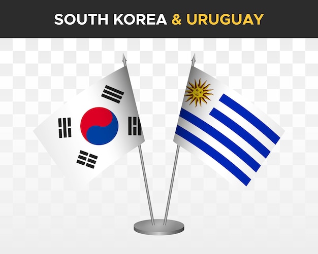 Banderas de escritorio de corea del sur vs uruguay maqueta aisladas banderas de mesa de ilustración de vector 3d