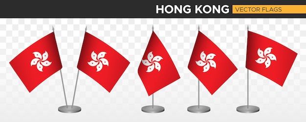 Banderas de escritorio de hong kong maqueta 3d ilustración vectorial bandera de mesa de hong kong