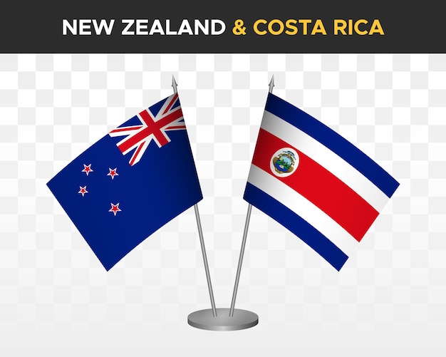 Banderas de escritorio de Nueva Zelanda vs costa rica maqueta aislada 3d vector ilustración bandera de mesa