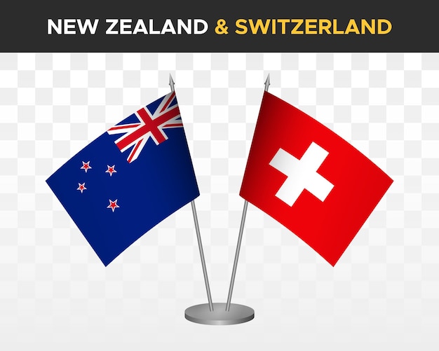 Banderas de escritorio de Nueva Zelanda vs Suiza maqueta aislada 3d vector ilustración bandera de mesa