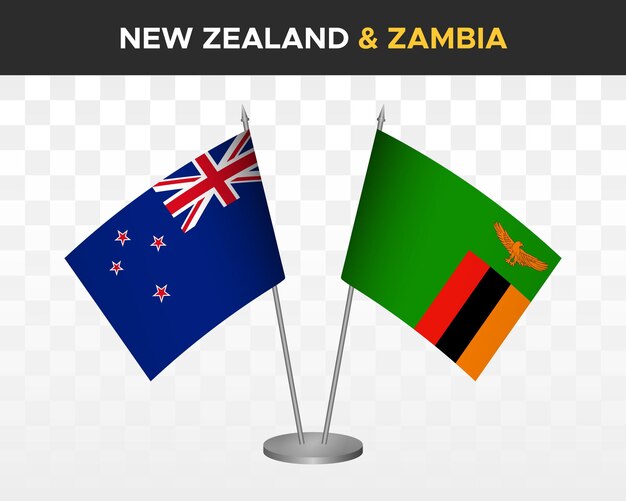 Banderas de escritorio de Nueva Zelanda vs zambia maqueta aislada 3d vector ilustración bandera de mesa