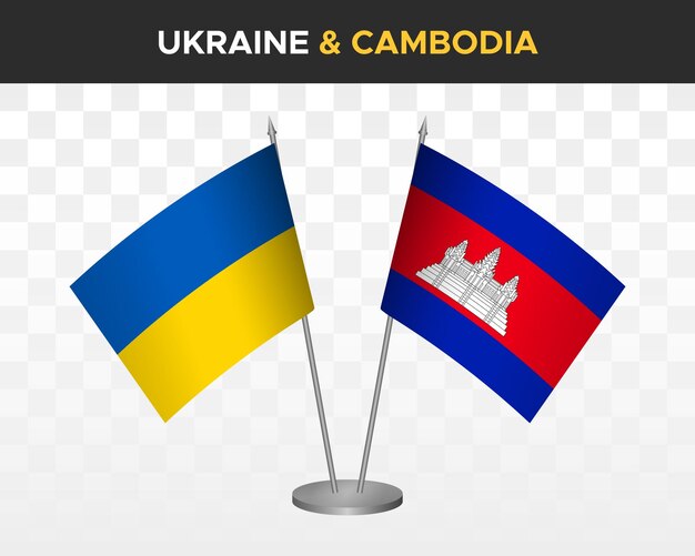 Banderas de escritorio de Ucrania y Camboya aisladas en banderas de mesa de ilustración de vector 3d blanco
