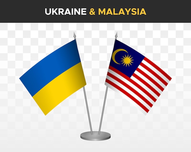 Banderas de escritorio de Ucrania y Malasia aisladas en banderas de mesa de ilustración de vector 3d blanco
