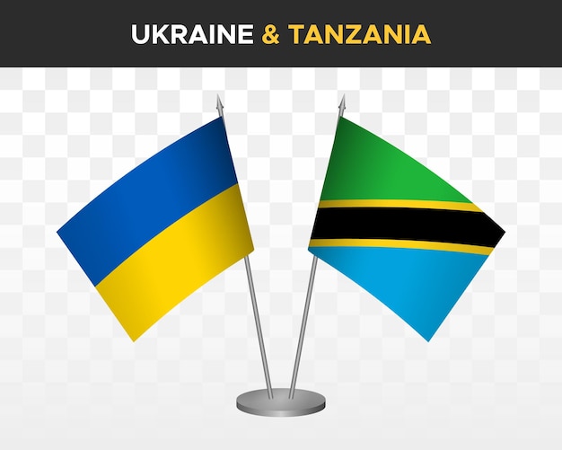 Banderas de escritorio de Ucrania y Tanzania aisladas en banderas de mesa de ilustración de vector 3d blanco