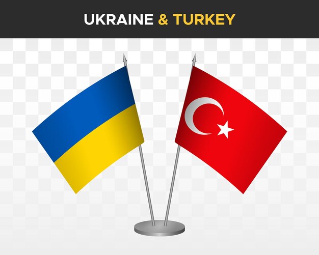 Banderas de escritorio de Ucrania y Turquía aisladas en banderas de mesa de ilustración de vector 3d blanco