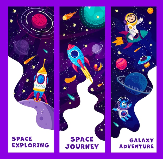 Banderas espaciales de dibujos animados astronauta alienígena y cohete
