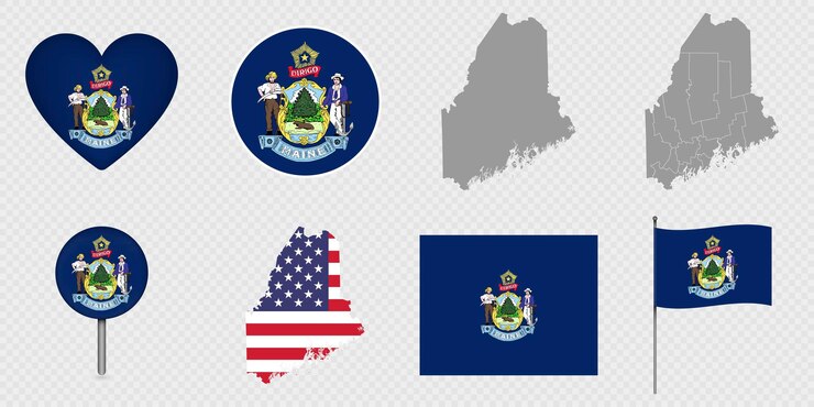 Vector banderas del estado de maine y mapas icon pack ilustración vectorial