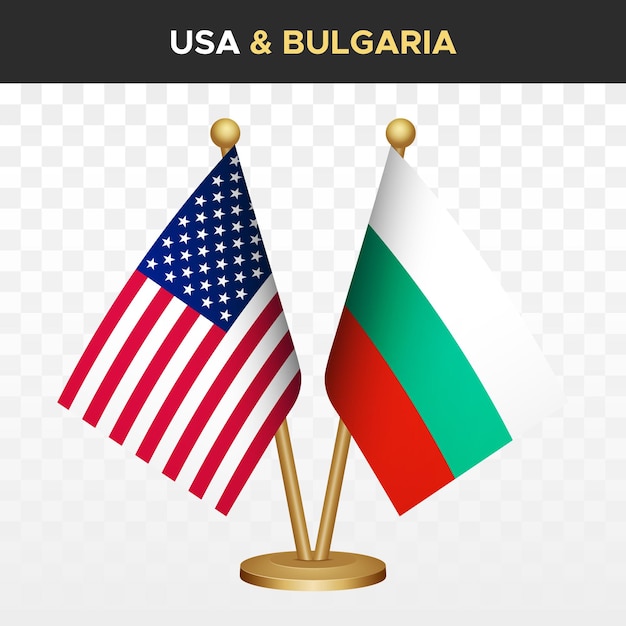 Las banderas de Estados Unidos de América vs. Bulgaria son banderas de escritorio 3D aisladas en blanco.