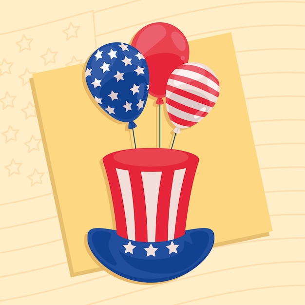 Banderas de estados unidos en globos de helio y sombrero de copa.