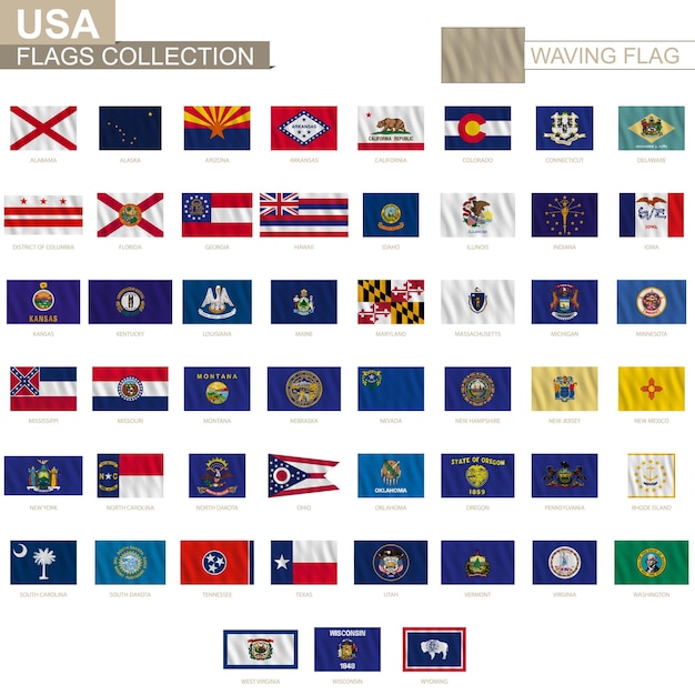 Banderas estatales de los Estados Unidos de América con efecto ondulado proporción oficial
