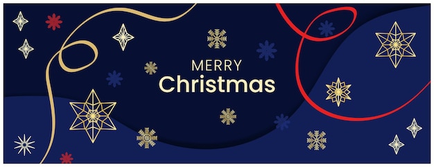 Banderas de felicitaciones de Navidad con cintas giratorias y estrellas doradas y rojas sobre un fondo de color azul oscuro