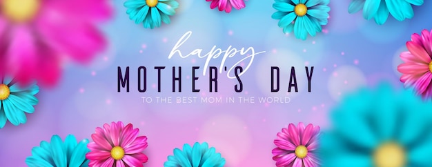 Banderas de Feliz Día Internacional de las Madres con flores de primavera y letras tipográficas en fondo azul