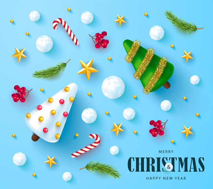 Vector banderas de feliz navidad y feliz año nuevo cartel de vacaciones con bonitos árboles de navidad estrellas de oro rowan racimos de bolas de nieve ramas y caramelos sobre fondo azul ilustración vectorial festiva