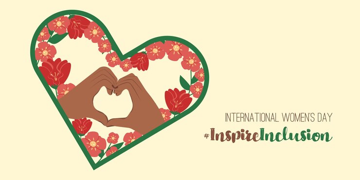 Banderas en forma de corazón con el gesto de las manos negras Inspire Inclusion 2024 movimiento Banderas florales del Día Internacional de la Mujer IWD InspireInclusion diseño horizontal con flores de primavera Colores brillantes ricos Vector