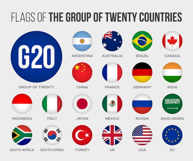 Banderas del g20 aisladas en blanco banderas nacionales de botón redondo de los países de los grandes veinte g20