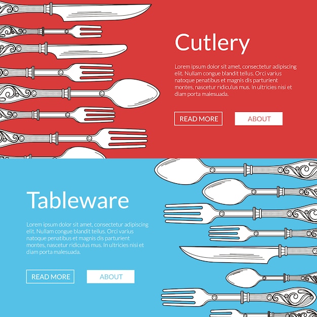 Banderas horizontales web de conjunto de ilustración con vajilla dibujada a mano. tenedor y cuchara