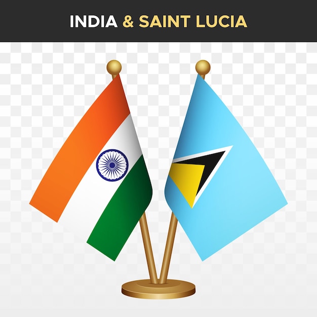 Banderas de la India contra Santa Lucía Bandera de escritorio de pie 3D de la India aislada en blanco