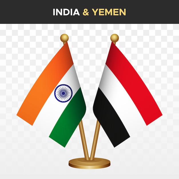 Banderas de la India contra Yemen Bandera de escritorio de pie india en 3D aislada en blanco