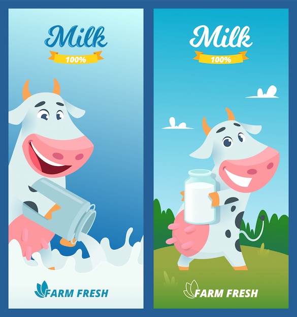 Vector banderas de leche. ilustración de publicidad divertida vaca de dibujos animados con imágenes de concepto de granja