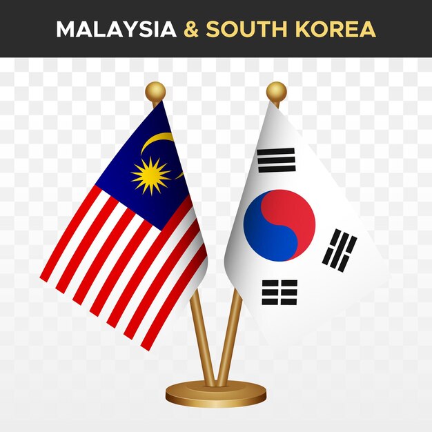 Las banderas de Malasia contra Corea del Sur 3D de escritorio de pie aisladas en blanco