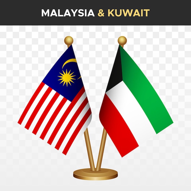 Las banderas de Malasia contra Kuwait 3D de escritorio de pie aisladas en blanco