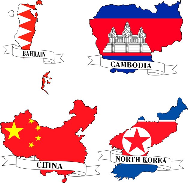 Banderas y mapas de Bahréin Camboya China y Corea del Norte