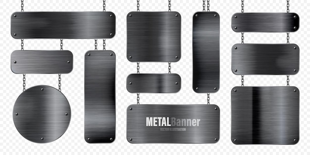 Banderas de metal colgando de una cadena realista placa de acero brillante con tornillos de metal negro pulido