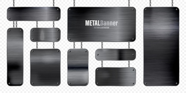 Banderas de metal colgando de una cadena realista placa de acero brillante con tornillos de metal negro pulido