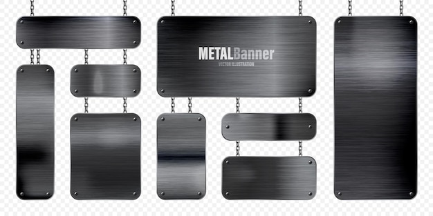 Vector banderas de metal colgando de una cadena realista placa de acero brillante con tornillos de metal negro pulido