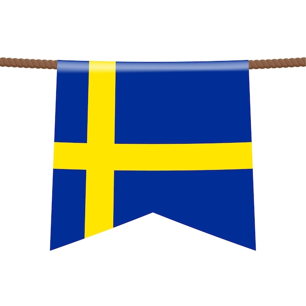 Las banderas nacionales de Suecia cuelgan de la cuerda. El símbolo del país en el banderín colgando de la cuerda. Ilustración vectorial realista.
